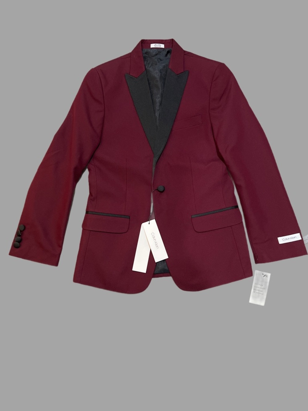 NWT: Calvin Klein Burgundy Tuxedo Blazer with Black Satin Peak Lapel